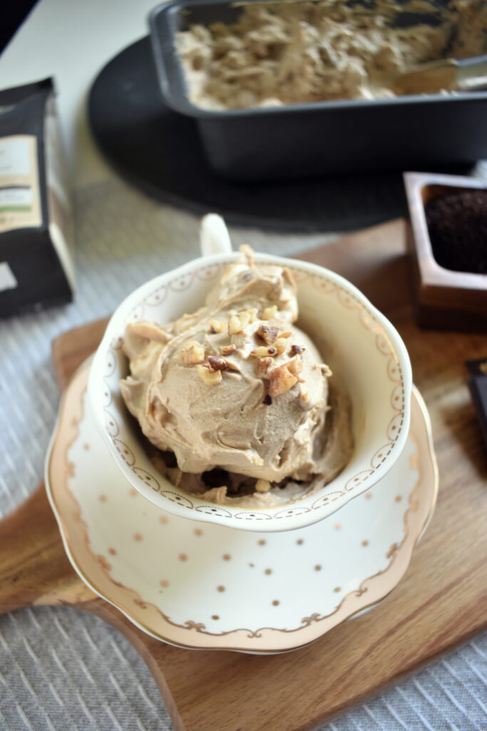 Vegan Coffee Ice Cream with Walnuts and Chocolate and  marshmallows