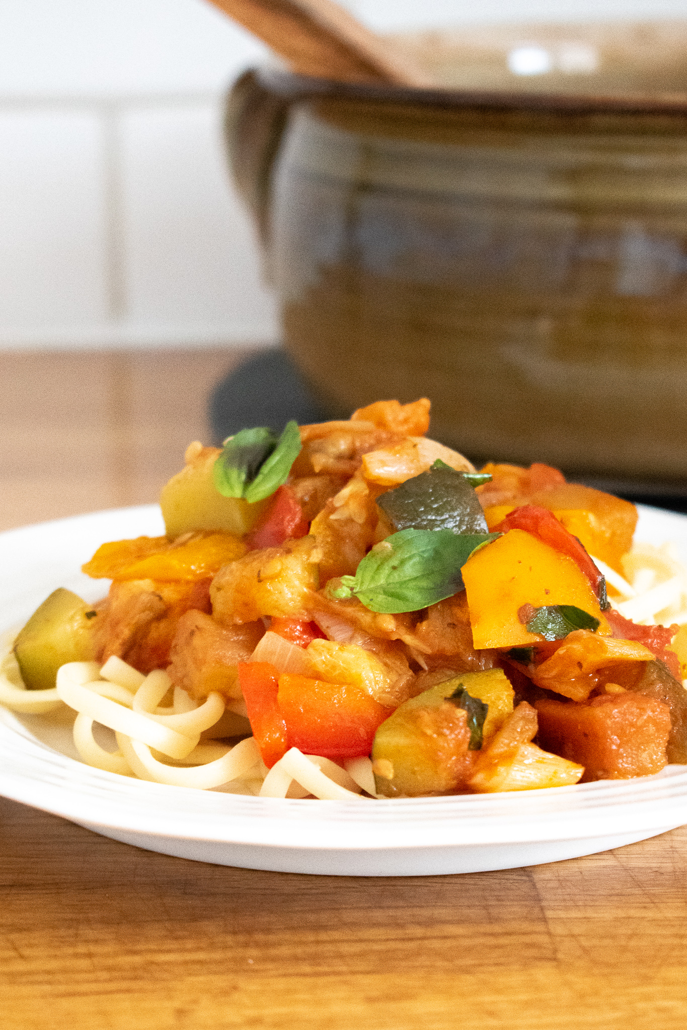 No Fuss Simple Ratatouille Recipe baked in Dutch Oven - Ratatouille on Pasta  - the Home Baked Vegan